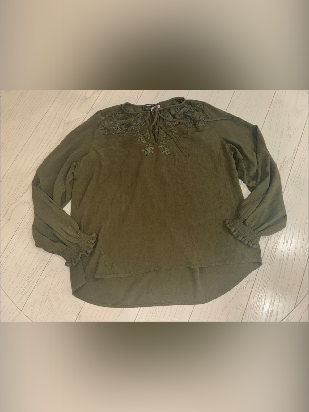 Knox Rose Olive Green Embroidered Tie-Front Blouse